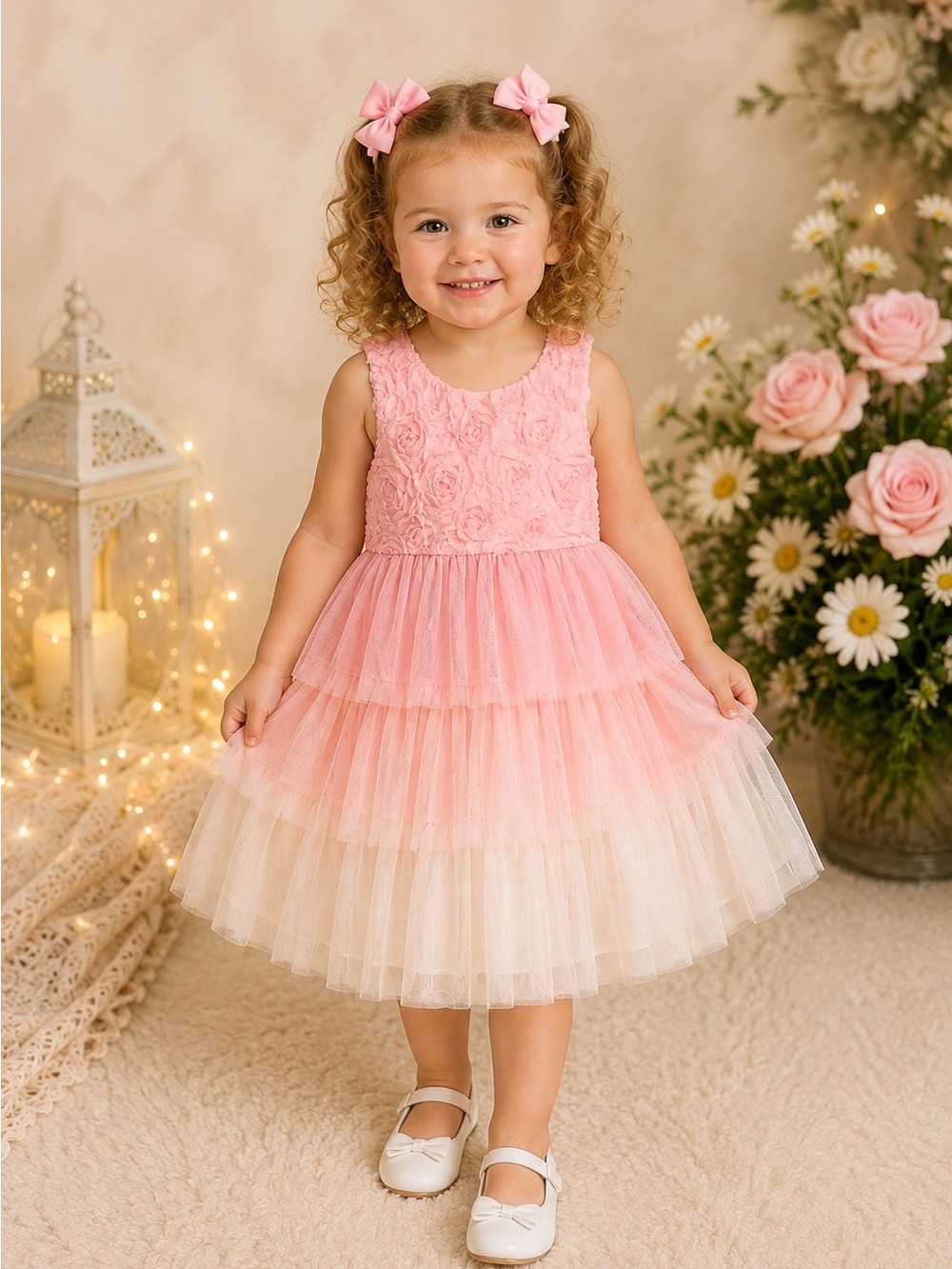 Bonnie Jean Girls 3T Pink Rosette Tulle Party Dress + 2 Bows